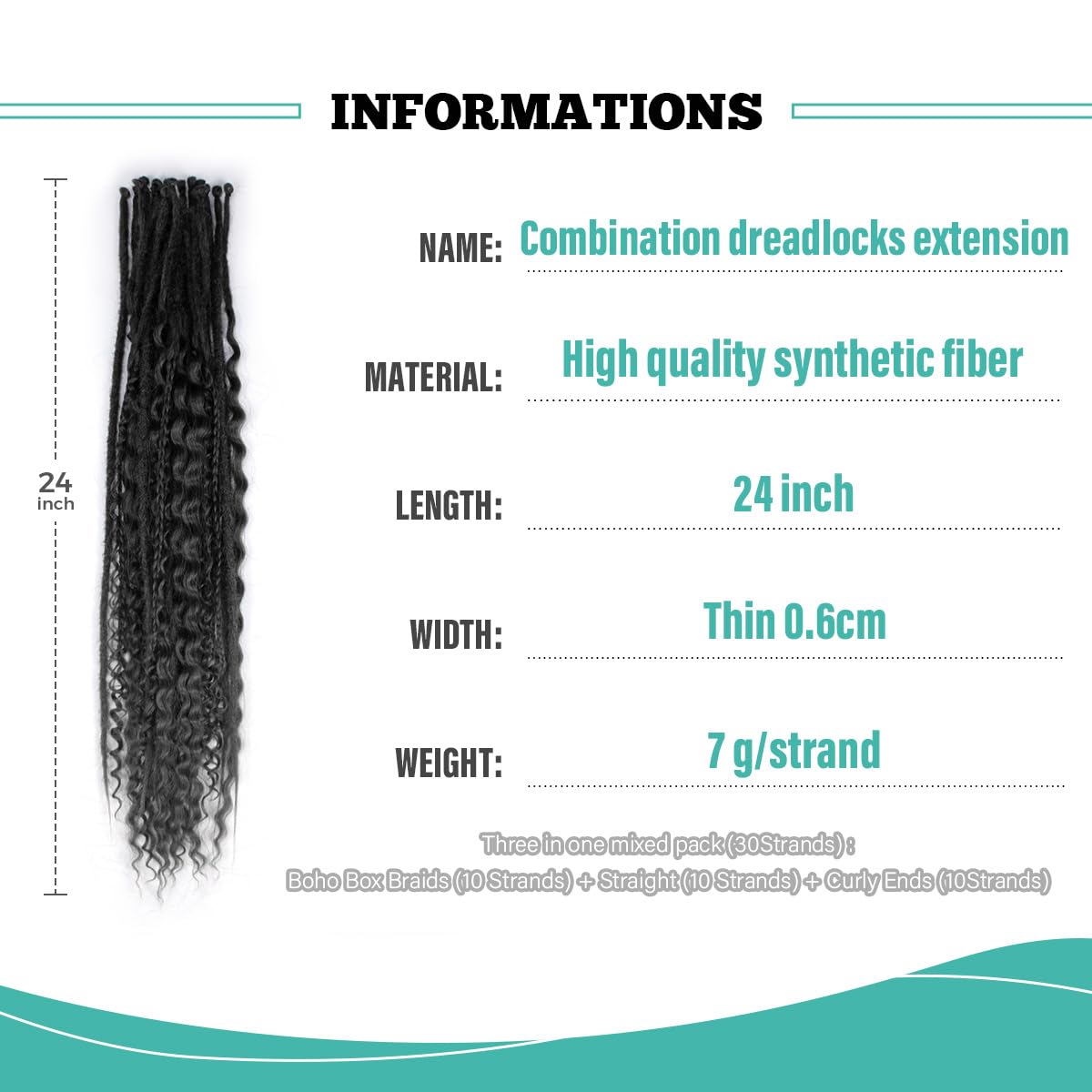 Pouweney 24 Inch 3 In 1 Dreadlock Extensions Sets, 30 Strands Mixed Ombre Brown Synthetic SE Dreads Extensions, 100% Handmade Soft Single Ended Curly Boho Wavy Dreads for Girls