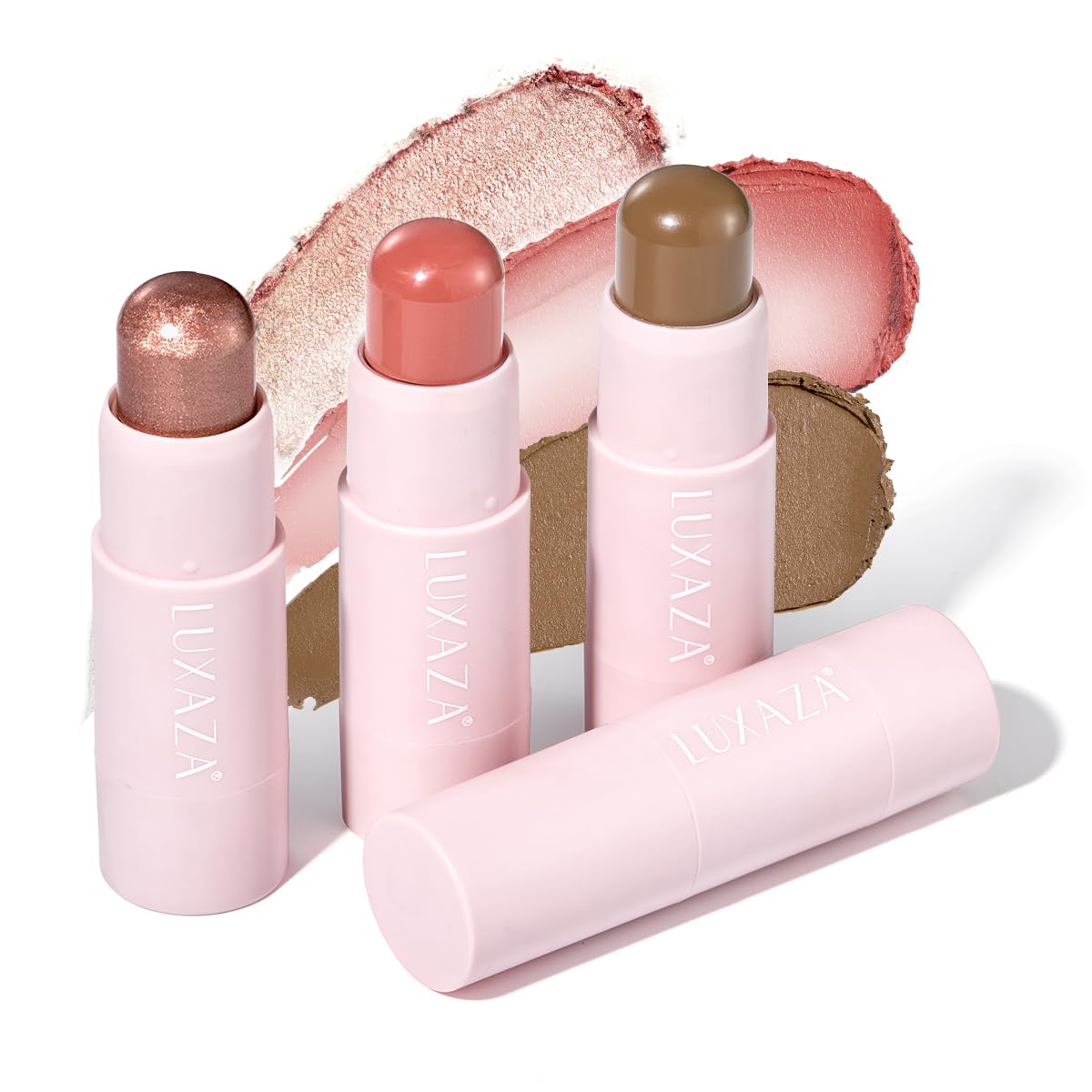 LUXAZA 3PCS Cream Blush Contour Highlighter Bronzer Stick Makeup Set for Girls and Women #HCB5 Tanned