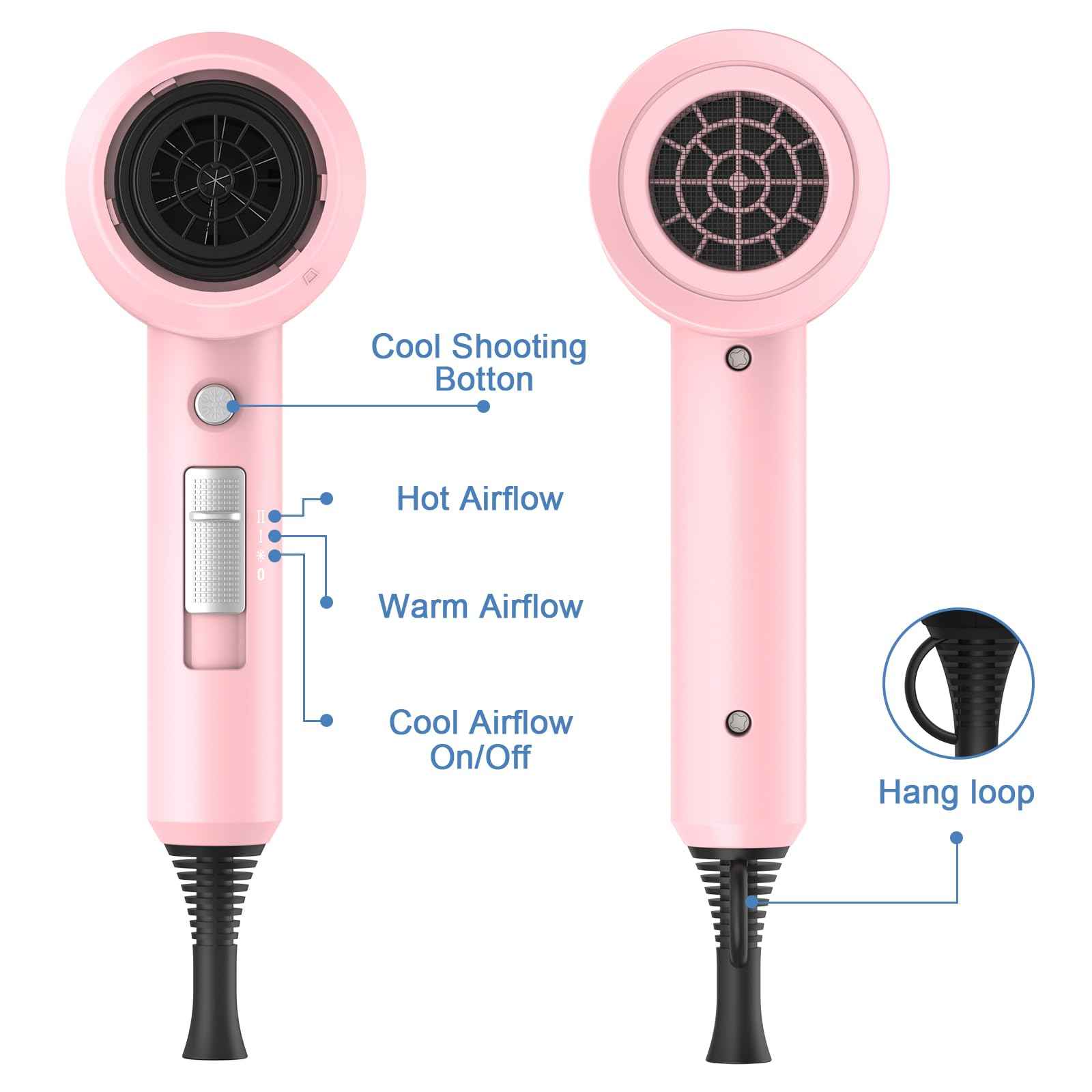 slopehill Professional Ionic Hair Dryer, Powerful 1800W Fast Drying Low Noise Blow Dryer with 2 Concentrator Nozzle 1 Diffuser Attachments for Home Salon Travel (Pink)