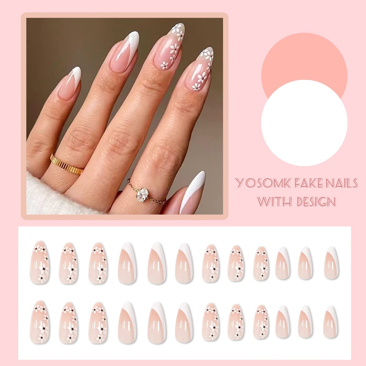 YOSOMK Cute Medium Fake Nails Almond Shaped Press on Nails with White Flower Design Glossy Glue on Static Nails French Tip Stick on Acrylic Nails for Women