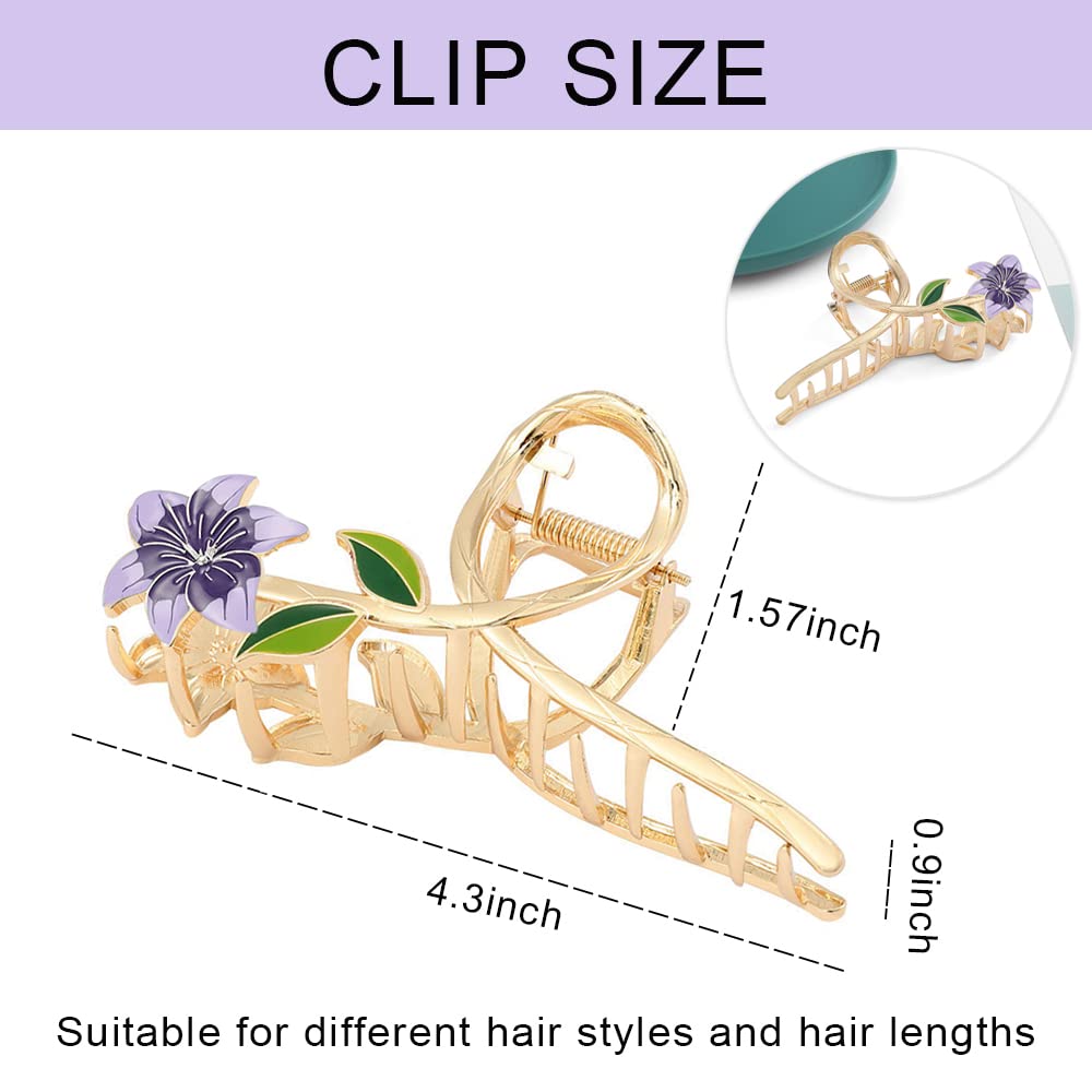 Claw Clips for Women: Large French Flower Hair Accessories - 2Pcs Metal Gold Floral Banana Clips for Thick Hair, Summer Hair Decorations in White & Purple