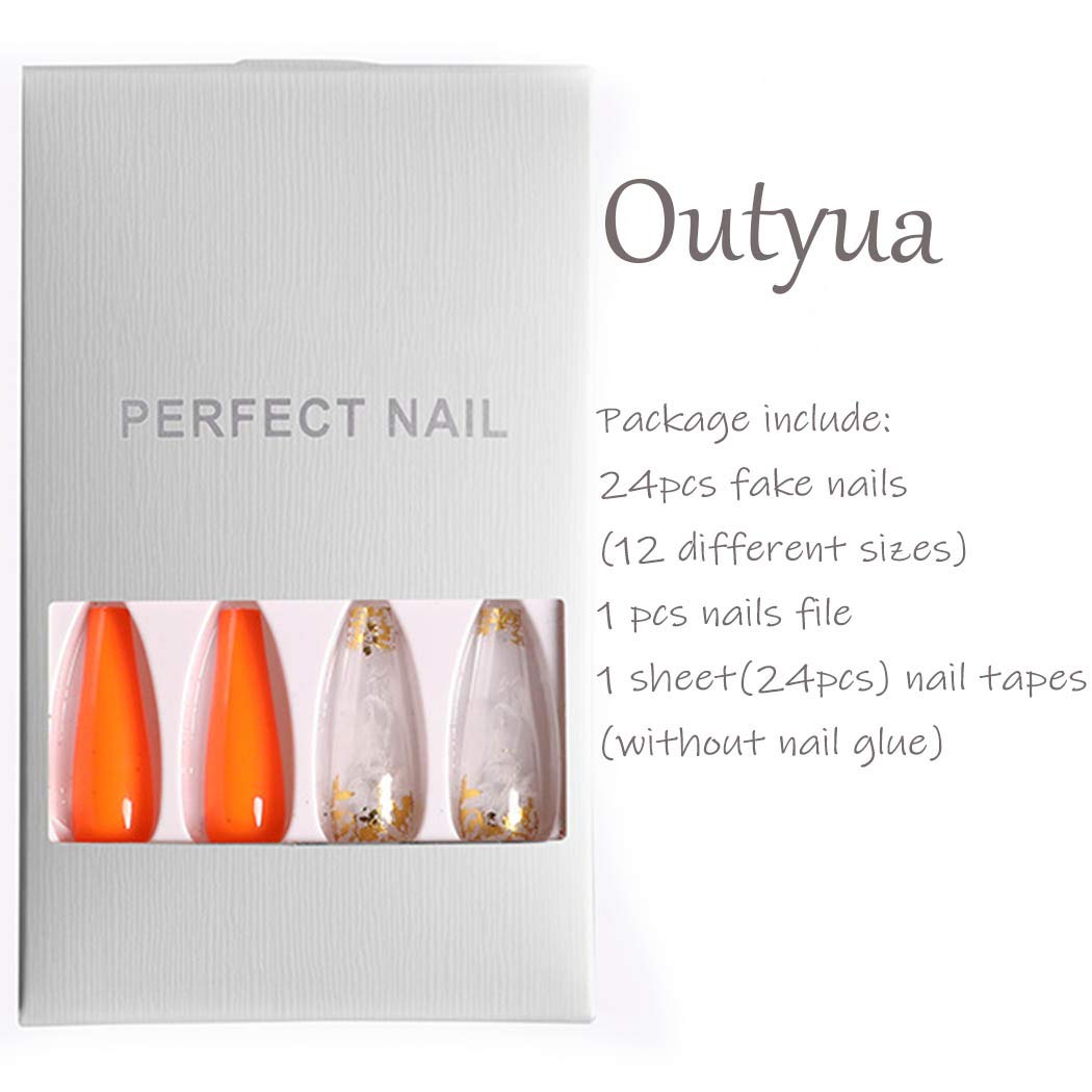 Outyua Glossy Smoke Pattern Fake Nails Coffin Extra Long Press on Nails with Design Ballerina Acrylic Cute False Nails 24Pcs (Orange)