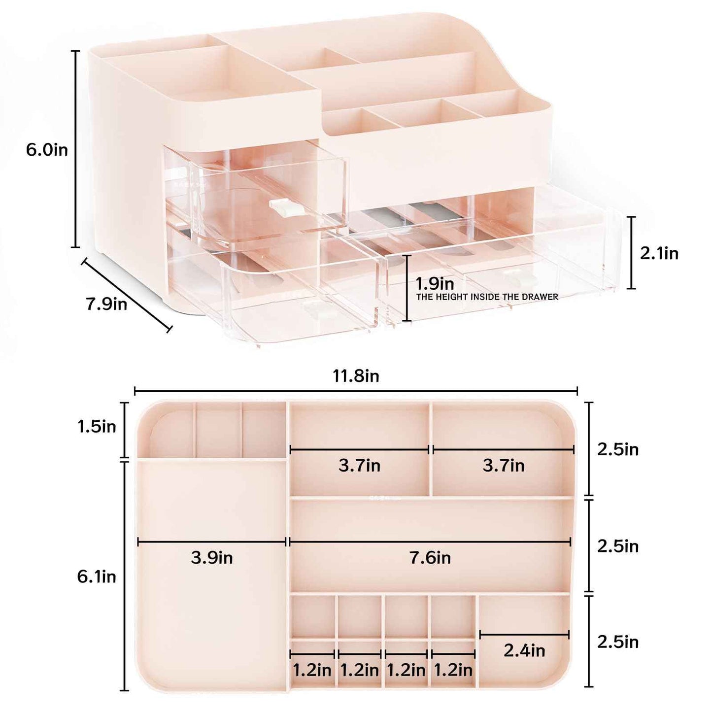 SuoXing Pink Makeup Organizer for Vanity,Large Plastic Skincare Organizers With Drawers,Bathroom Counter Organizer Cosmetic Storage for Dresser Top Skin Care,Lotion,Beauty Products and Brush Holder