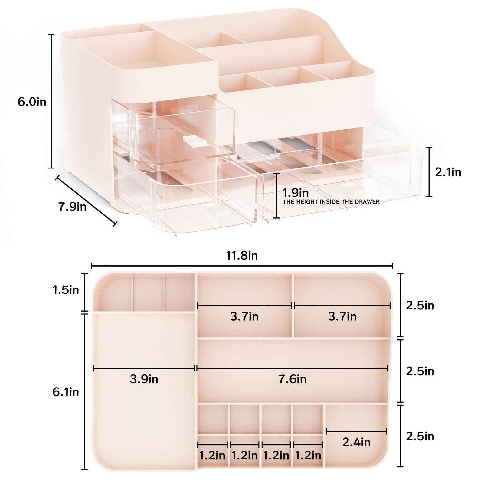 SuoXing Pink Makeup Organizer for Vanity,Large Plastic Skincare Organizers With Drawers,Bathroom Counter Organizer Cosmetic Storage for Dresser Top Skin Care,Lotion,Beauty Products and Brush Holder