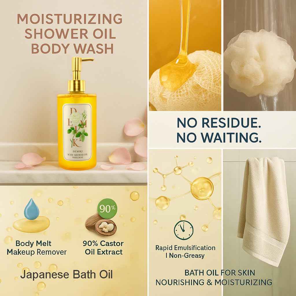 DEMIKI Body Wash Shower Oil Cleanser for Women-Japanese Bath Oil, Skin So Soft Moisturizing bodywash, Body Oil Cleanser, Natural Shower Gel, Body Care, Sulfate-Free,Paraben-Free 10 fl.oz