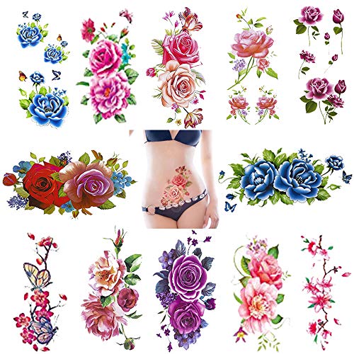 Temporary Tattoos 12 Sheets Waterproof Flower Butterfly Stickers