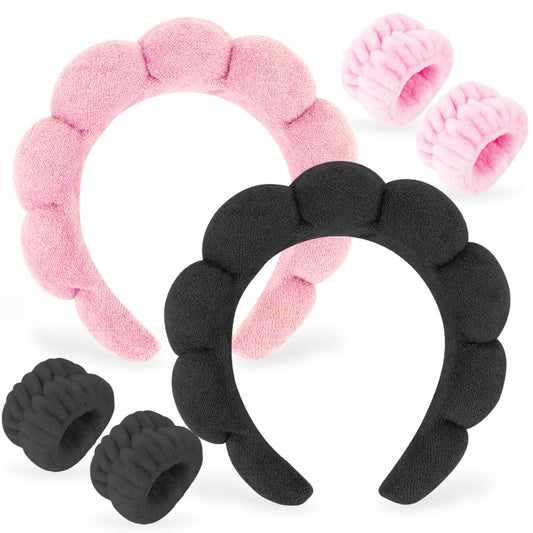 AHONEY 2 Set Spa Headbands for Washing Face and Wristband Set, Skin Care Headband Sponge Facial Skincare Headbands Terry Cloth Puffy Makeup Accessories for Women Girls (Black&Pink)