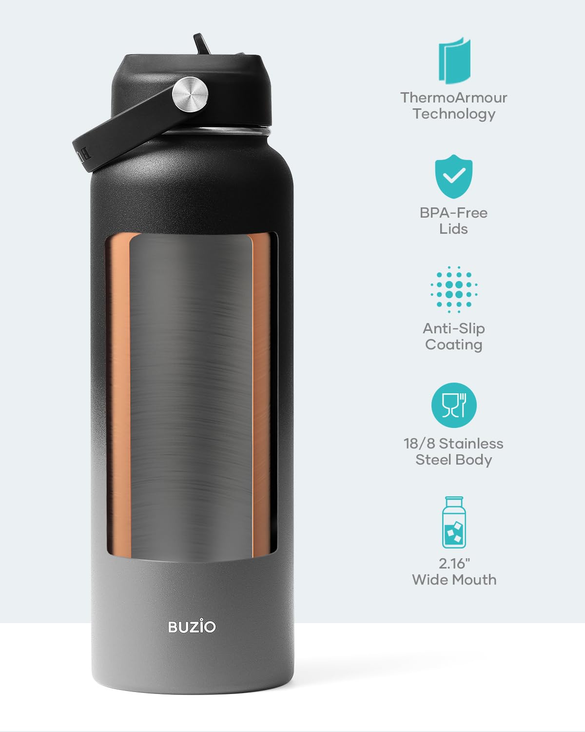 BUZIO Insulated Water Bottle with Straw Lid and Flex Cap, 40oz Modern Double Vacuum Stainless Steel Water Flask, Cold for 48 Hrs Hot for 24 Hrs Simple Thermo Canteen Mug