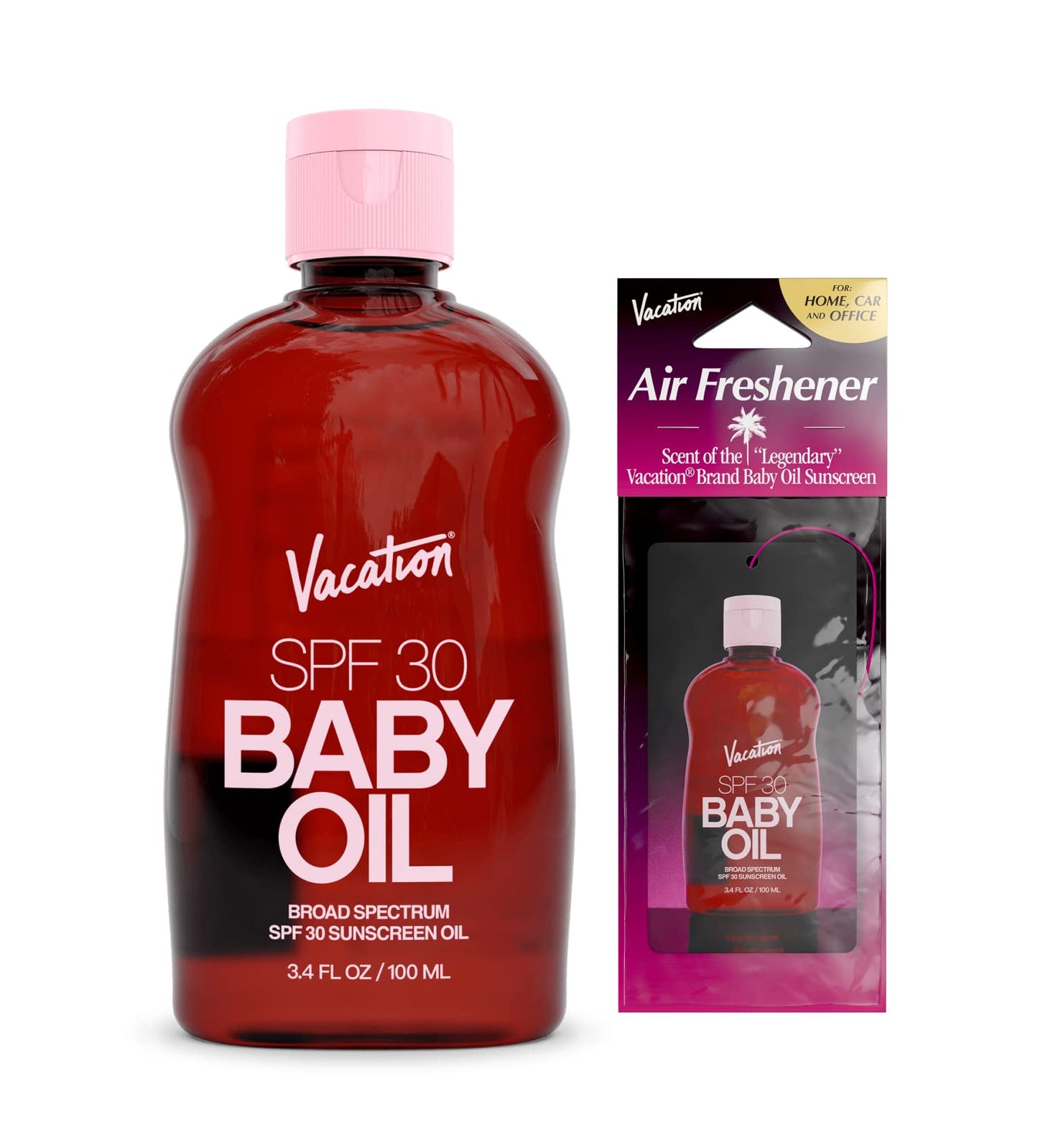 Vacation Baby Oil SPF 30 + Air Freshener Bundle, Broad Spectrum SPF 30 Sunscreen Oil, Vegan Suntan Oil with Broad Spectrum SPF, Sunscreen Tanning Oil, TSA Friendly, Travel Size, 3.4 fl. oz.