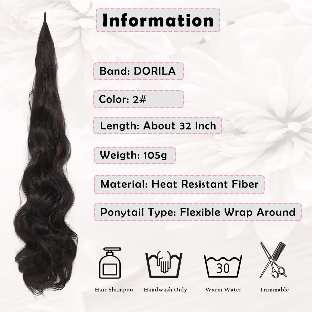 DORILA Ponytail Extension Flexible Wrap Around Ponytail Hair Extensions 32 Inch Long Curly Pony Tails Hair Extensions Wavy Hair Ponytails Hairpieces For Women Daily Use (2#(Natural Black))