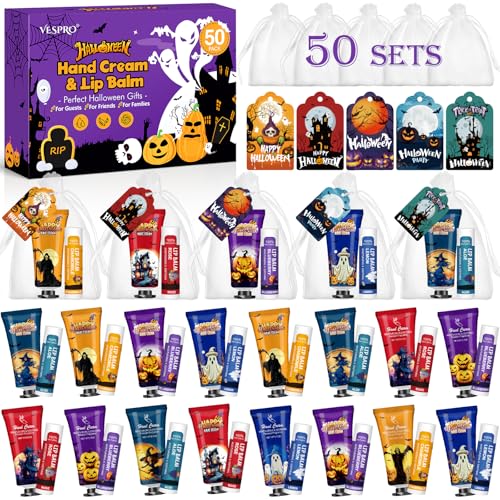 50 Pack Halloween Hand Cream and Lip Balm Set, Bulk Halloween Gifts with Halloween Cards and Organza Bag, Halloween Decorations and Halloween Party Favors Goodies for Women