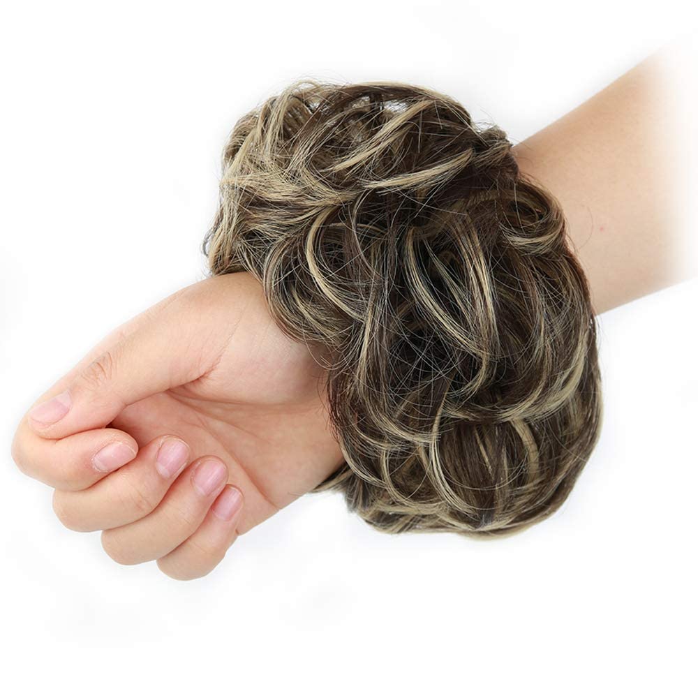 MORICA 1PCS Messy Hair Bun Hair Scrunchies Extension Curly Wavy Messy Synthetic Chignon for Women (Dark Brown & Ash Blonde)