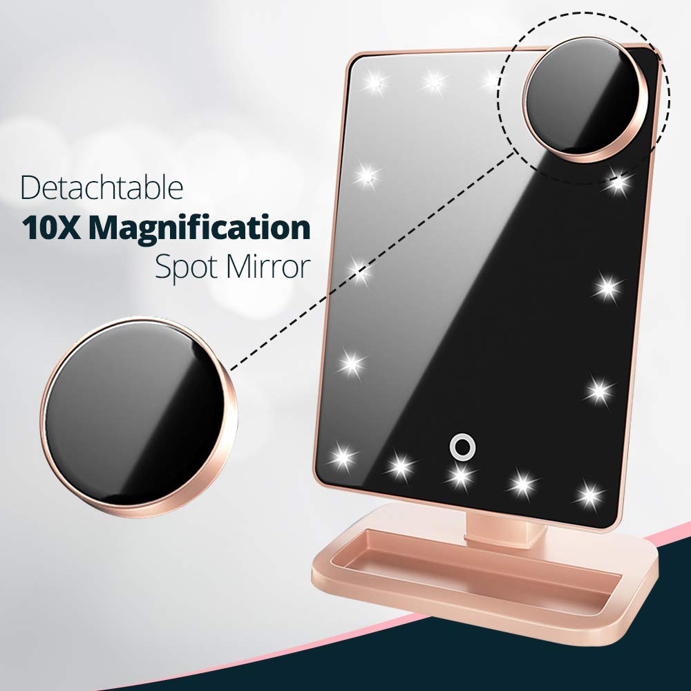 Lighted Makeup Mirror, Vanity Mirror with Bluetooth, 360° Rotation, Adjustable Brightness, Touch Screen, Detachable 10X Magnification Spot Mirror, Rechargeable by Beautify Beauties