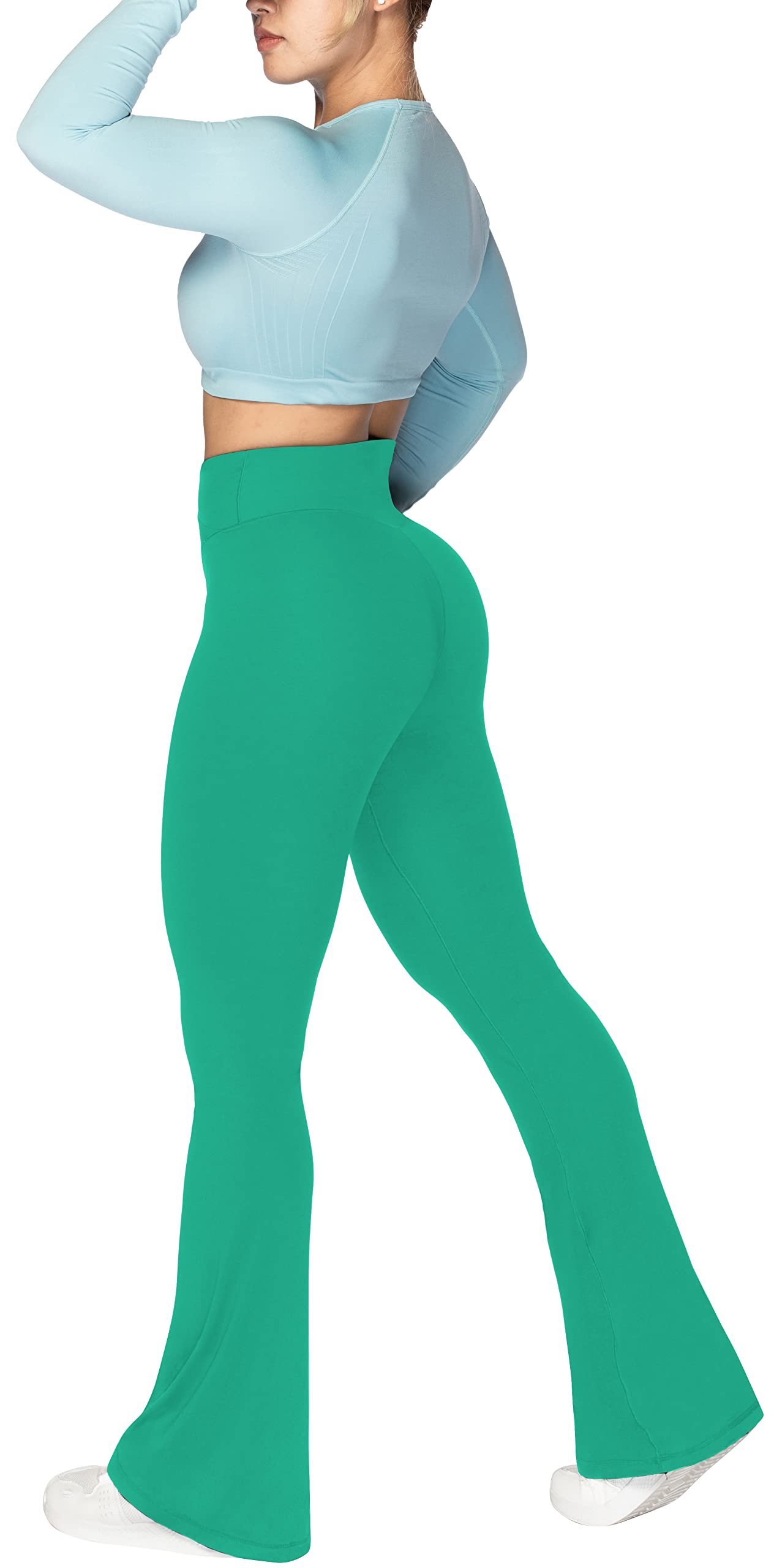 Sunzel Flare Leggings, Crossover Yoga Pants with Tummy Control, High-Waisted and Wide Leg, 32" Inseam, Golf Green X-Small