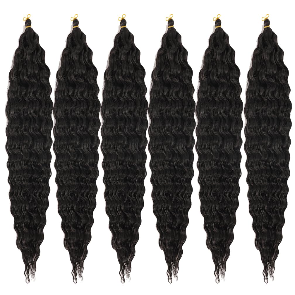 BALINGHAIR Ocean Wave Crochet Hair 14 Inch Deep Wave Braiding Hair Black Long Curly Crochet Braid Hair Extensions(1B-6Pcs)