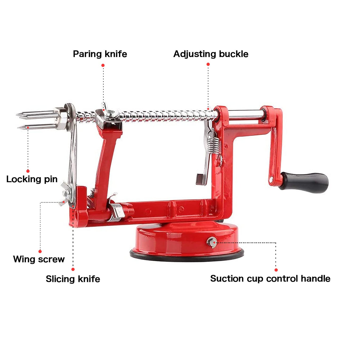 Apple Peeler Corer, Long lasting Chrome Cast Magnesium Alloy Apple Peeler Slicer Corer with Stainless Steel Blades and Powerful Suction Base for Apples and Potato(Red)