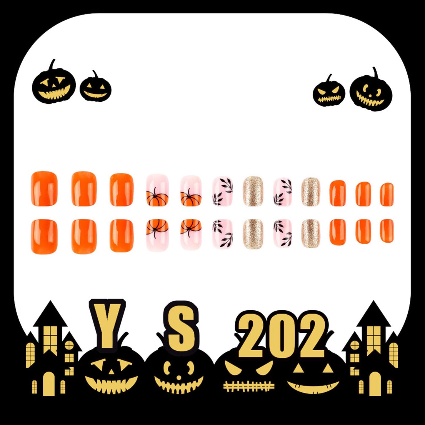 Halloween Press on Nails Short Square Fake Nails with Pumpkin Golden Glitter Designs Pink orange Glue on Nails Halloween Nails Press ons Acrylic False Nails for Women Girls 24 Pcs