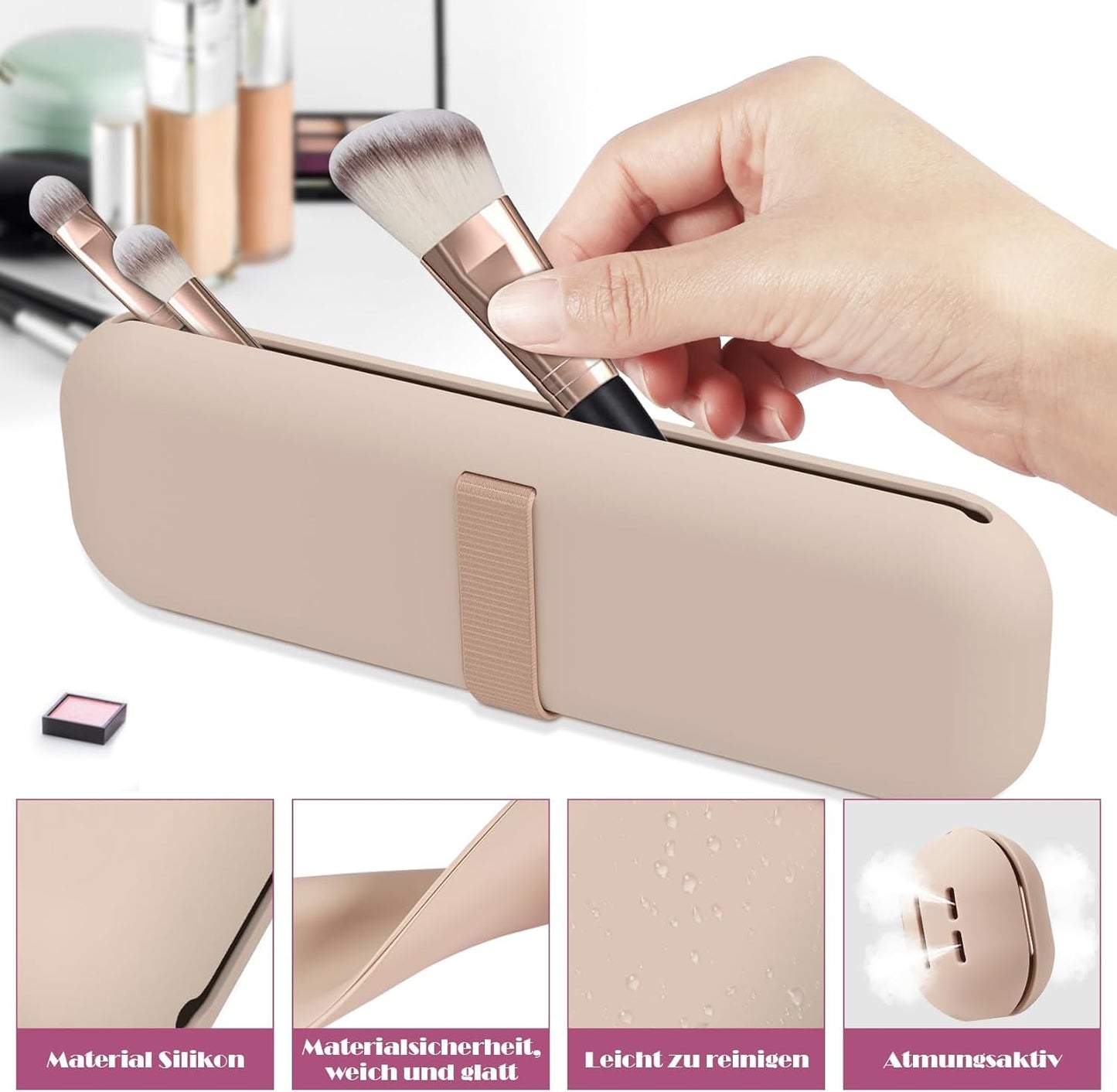 BSJIASHIWEI 2 x Portable Cosmetic Bag with Adhesive Tape, 1 x Silicone Makeup Brush Holder + 1 x Makeup Sponge Holder, Brush Cosmetic Bag, Makeup Brush Organiser for Travel Storagee (Khaki)