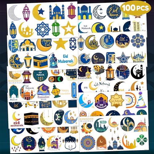 Eid Mubarak Temporary Tattoos 10 Sheets 100 PCS Ramadan Kareem Party Decorations Favors Supplies Themed Birthday Stickers Christmas Gifts for Boys Girls Class School Prizes Carnival Christmas
