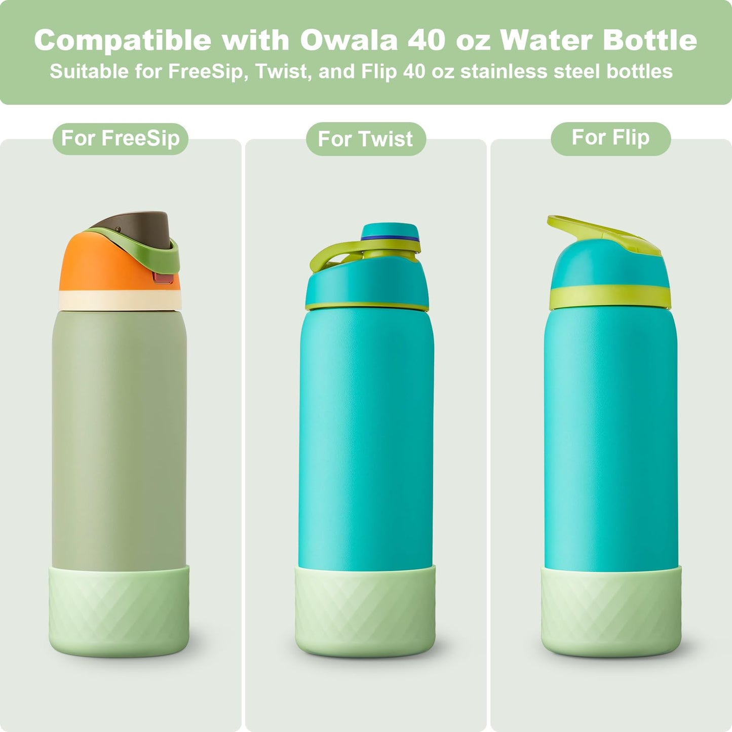 Alwenid 2PCS Silicone Water Bottle Boot for Owala 40 Oz, Anti-Slip Protective Sleeve Bottom Bumper Protector for FreeSip, Twist, and Flip Stainless Steel Water Bottles (Light Green)