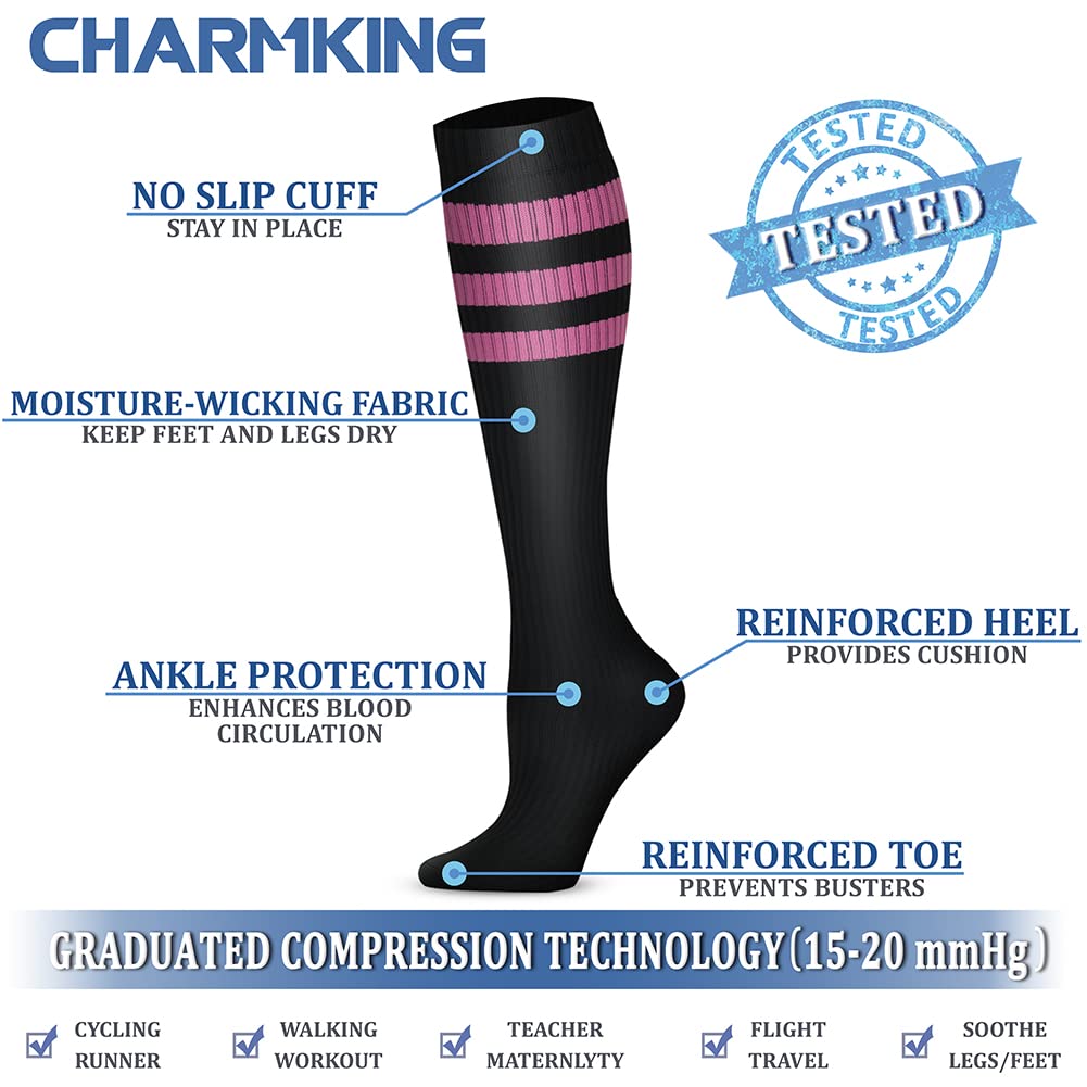 CHARMKING Compression Socks for Women & Men Circulation (3 Pairs) 15-20 mmHg is Best Athletic for Running, Flight Travel, Support, Cycling, Pregnant - Boost Performance, Durability (S/M, Multi 50)