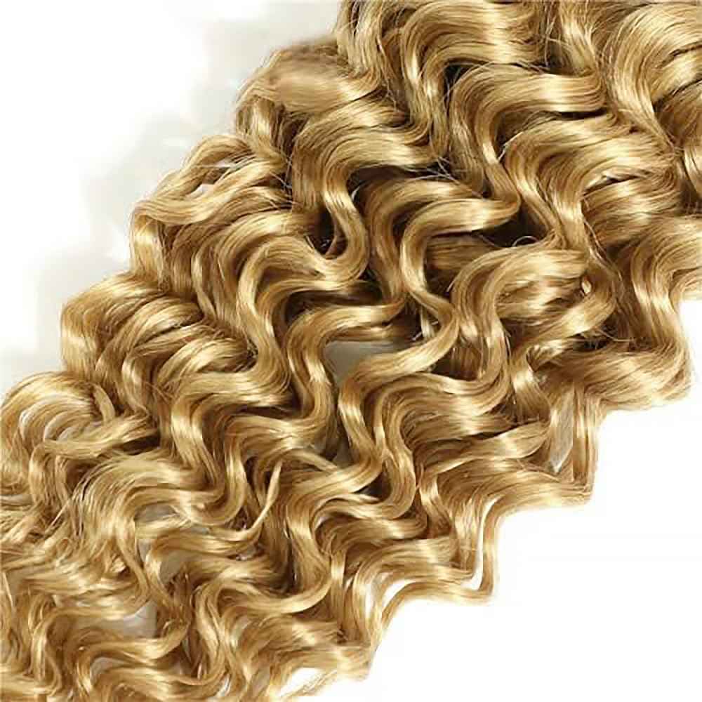Honey Blonde Human Hair Bundles 16 18 20 Inch Deep Wave Bundles Human Hair Unprocessed Native Virgin Hair 100/PC 3 Extensions #27 Blonde Color Wet and Wavy Human Hair Extensions for Women