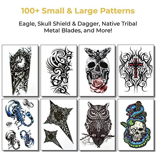 Temporary Tattoos For Men Guys Boys & Teens - Fake Half Arm Tattoos Sleeves For Arms Shoulders Chest Back Legs Cross Skull Owl Clock Scorpion Rose Realistic Waterproof Transfers 8 Sheets 8x6"