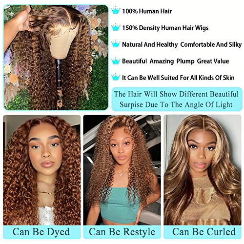 XZZ Ombre Highlight Lace Front Wigs Human Hair 4/27 Colored 150% Density Curly Honey Blonde Wig Colored Human Hair 13X4 HD Lace Frontal Wigs Pre Plucked Hairline with Baby Hair 22 Inch