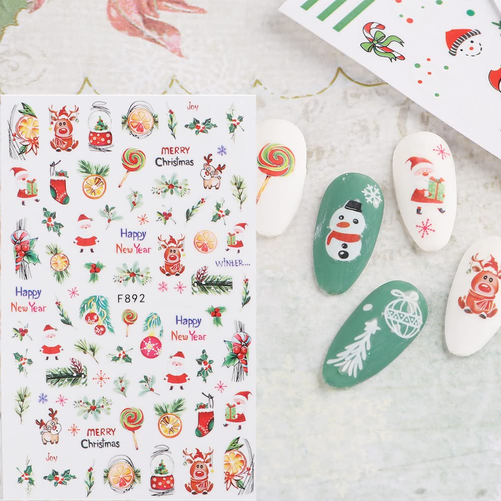 8 Sheets Christmas Nail Stickers, 3D Self-Adhesive Holiday Stickers, Santa Claus Snowflake Snowman Bird Bell Christmas Tree Elk Nail Decals, Red Gold Christmas Stickers, Xmas Winter Stickers for Kids