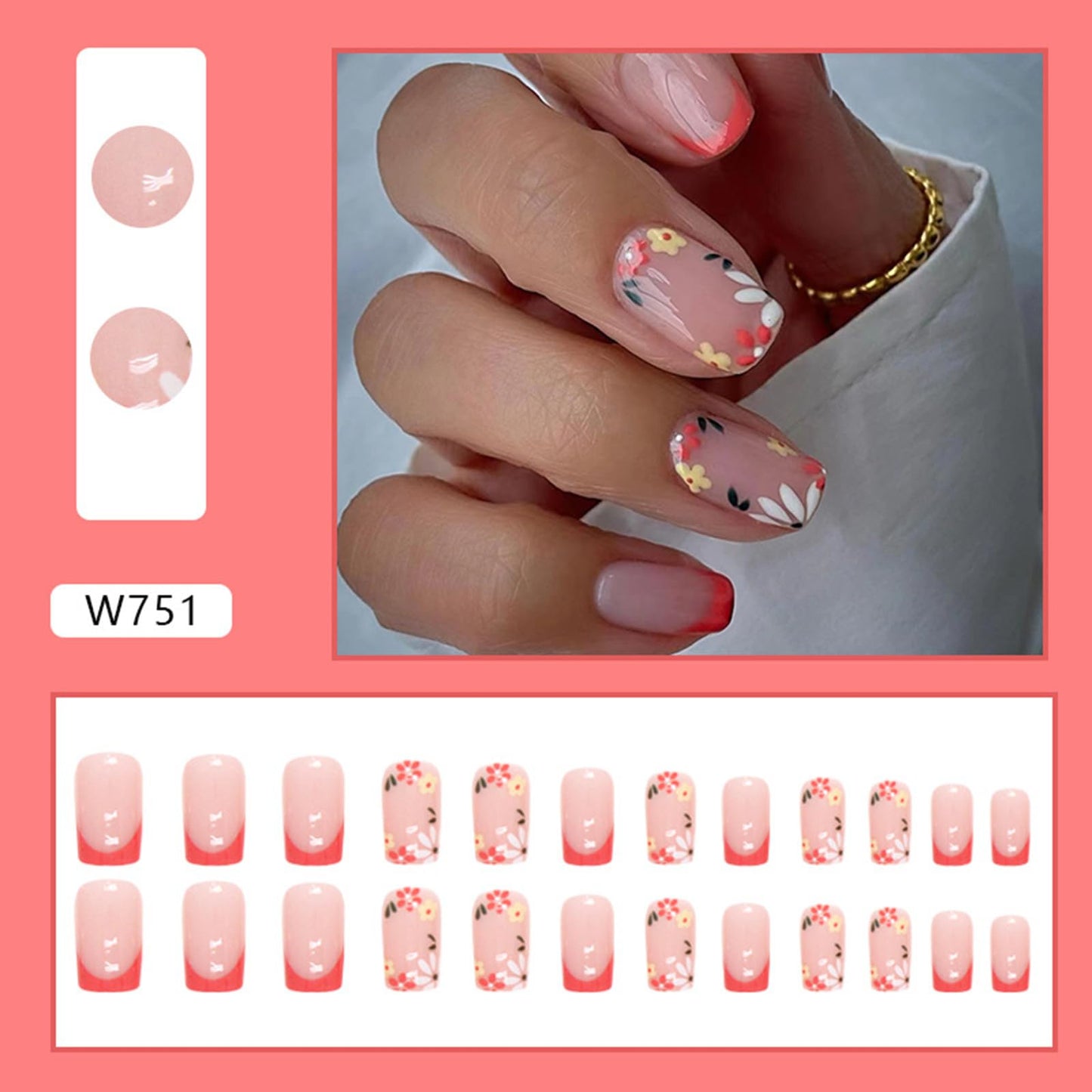 24Pcs French Tip Press on Nails Medium Length Fake Nails Flower False Nails with Design Pink Nail Tip Full Cover Artificial Nails Glossy Acrylic Nails Spring Summer Cute Stick on Nails for Women Girls