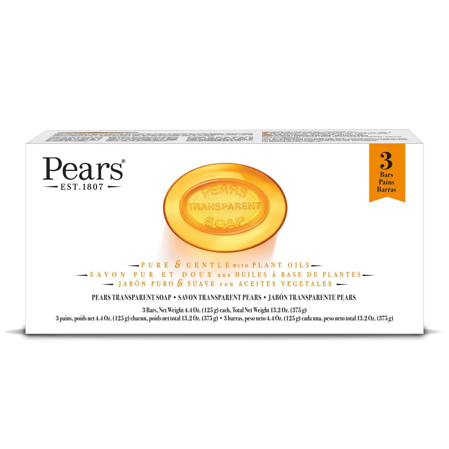 PEARS Soap, Face & Body Soap, Amber Value Pack – Pure & Gentle Transparent Bar Soap, Moisturizing Glycerin Soap with Natural Oils for Pampered, Glowing Skin, 3 Soap Bars, 13.2 Oz