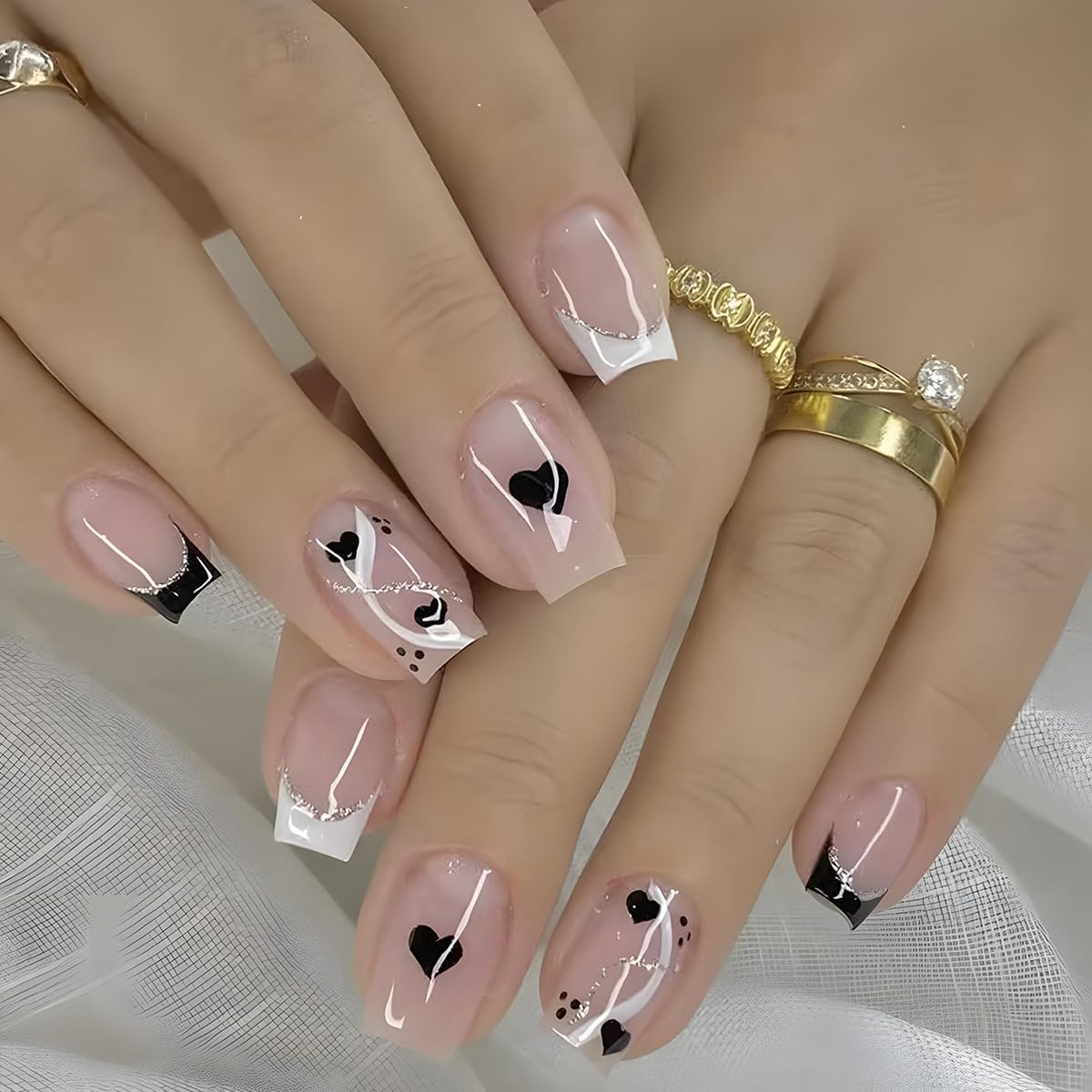 Black French Tip Press on Nails Short Square Heart Fake Nails with Silver Glitter Line Designs Glossy Coffin Nails Full Cover Acrylic Nails Reusable Stick on Nails for Women Valentines Manicure Decor