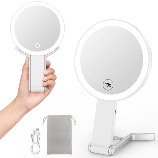 Portable Magnifying Mirror with Light, 2-Sided Travel Makeup Mirror with 1X/10X Magnification 3 in 1 Hand Held Desk and Hanging Lighted Mirror 3 Light Colors & Light Dimming for Home & Travel
