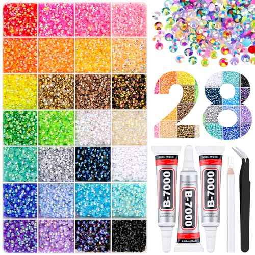 34000Pcs Resin Rhinestones with Tweezers for Bedazzling, Multicolor 3mm Crystal with 3Pcs 10ml B7000 Jewelry Glue for Bedazzled Nail Art Crafting Makeup