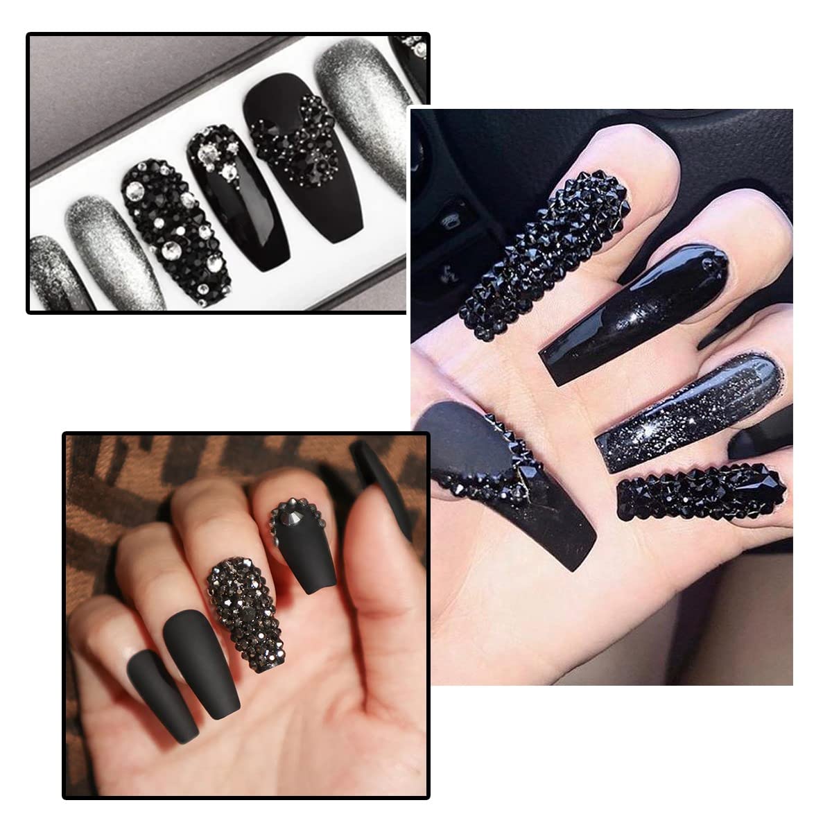 qiipii 6850Pcs Black Nail Rhinestones 288 24-Shapes Jet Black Rhinestones Big Gems +6570 Glass Round Flatback Stones Diamonds Jewels Pearls Nail Charms Nail Art for Nails Face Eyes Makeup Crafts DIY