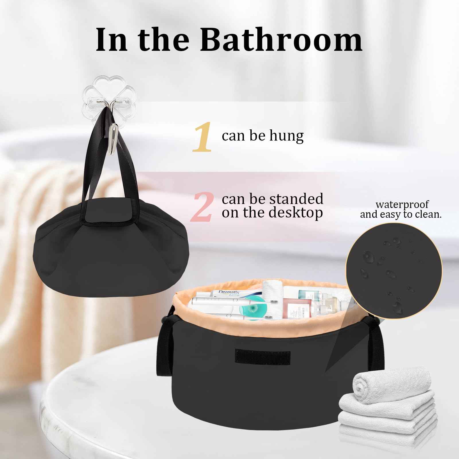 TAPMEI Barrel Drawstring Makeup Bag Large Travel Makeup Bag,Portable Large Capacity Cosmetic Bag Toiletry Organizer for Travel Accessories Make Up Essentials and Hair Product,Gifts (Black)