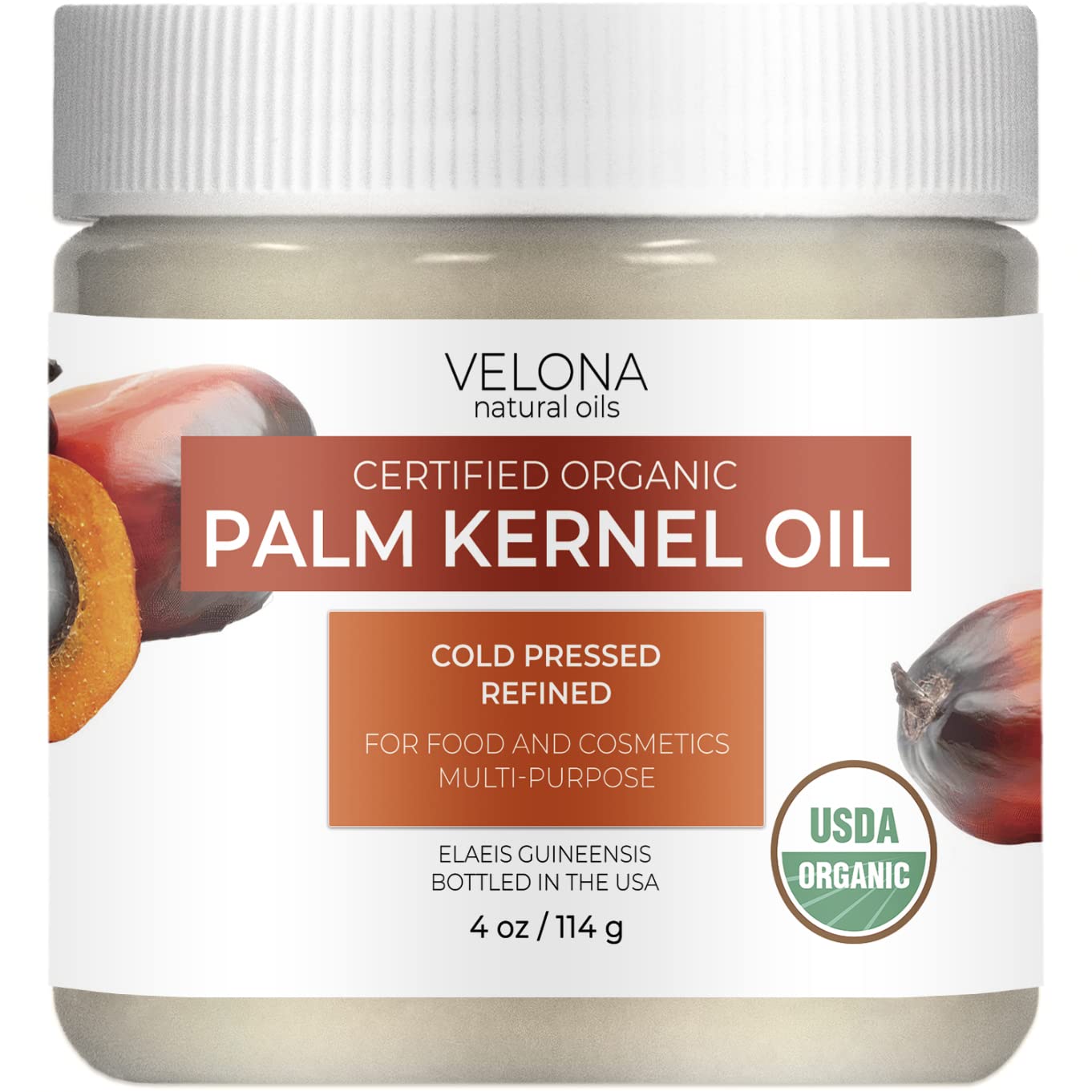 velona USDA Certified Organic Palm Kernel Oil - 4 oz | 100% Pure and Natural Carrier Oil | Refined, Cold Pressed | Face, Hair, Body & Skin Care