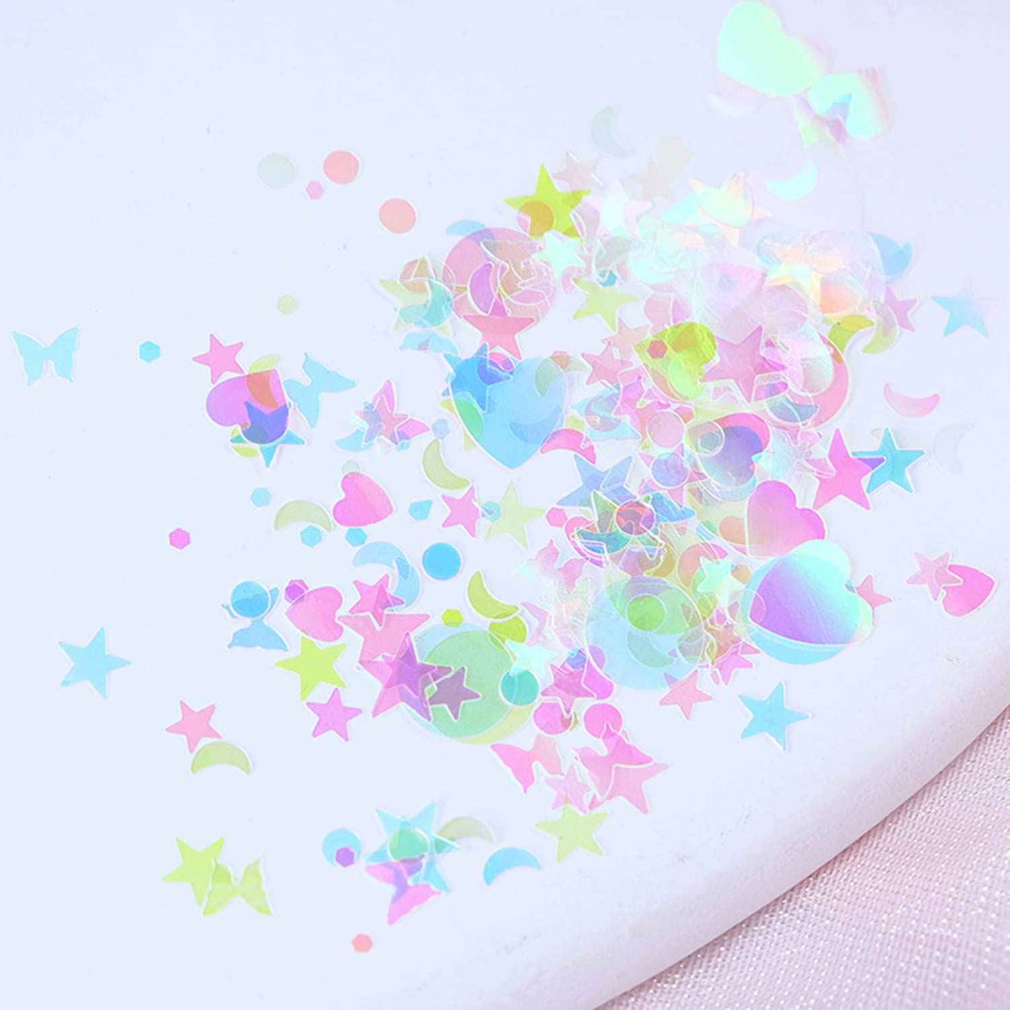 Nail Art Glitter Sequins, 3D Clear Iridescent Ultra-Thin Nail Art Glitter Flakes Designs, Mermaid Love Heart Butterfly Star Moon Round Shapes Nail Glitter Slices for Women Manicure Charms Decorations