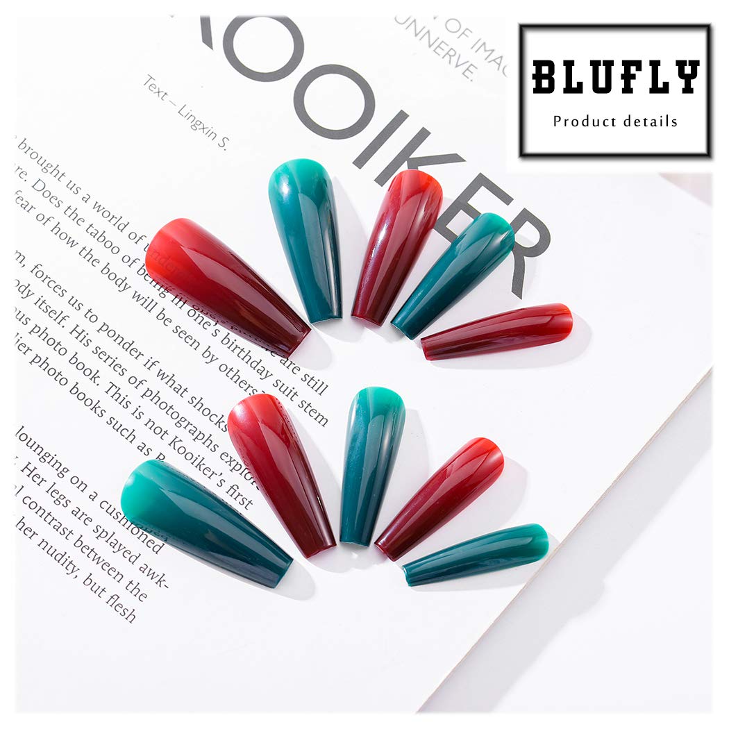 Blufly 100Pcs Glossy Green and Red Press on Nails Long Square Coffin Fake Nails Pure Acrylic Ballerina False Nails Tips for Women and Girls (Gr-2)