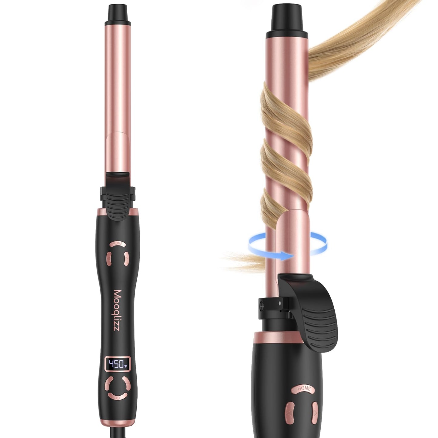 Rotating Curling Iron 1 Inch, Automatic Curling Wand for Long Hair,Adjustable Temperature Setting with LCD Display, Dual Voltage, Rose Gold