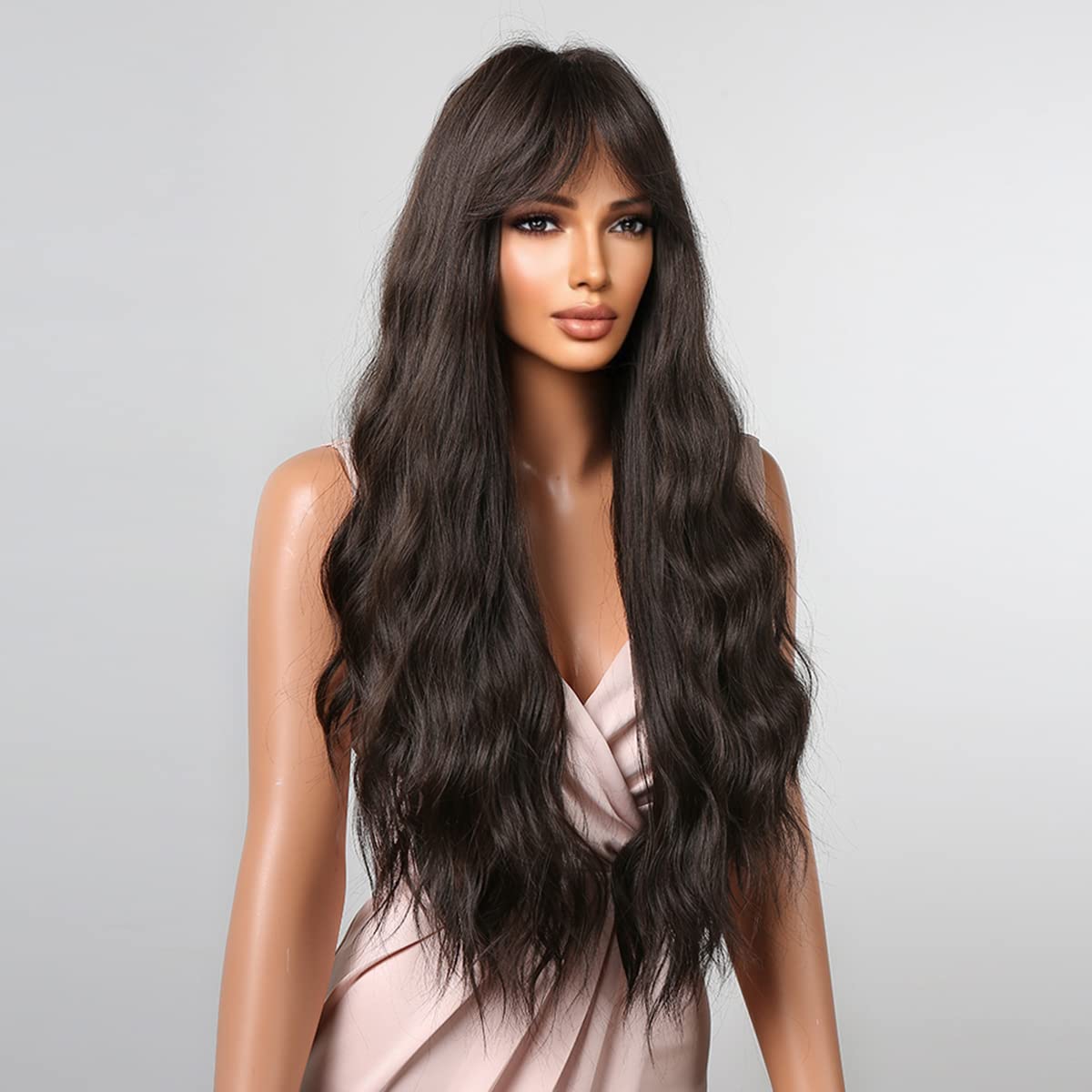 WTHCOS Long Black Brown Wig for Women Long Curly Wavy Dark Brown Wig With Bangs Silky Full Heat Resistant Synthetic Wig with Wig Cap (Black Brown)