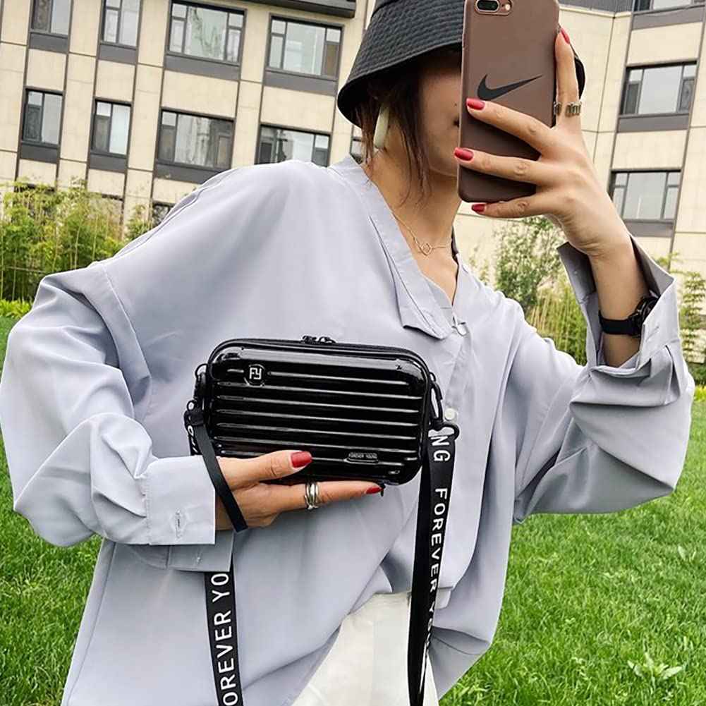 OXYPLAY PVC Hard Shell Travel Multi-Function Luggage,Women's Portable Toiletry And Makeup Bag, Alphabet Strap Storage Crossbody Bag (Black)