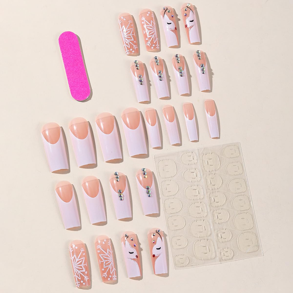 24 Pcs Christmas Press on Nails Long,Square Fake Nails White French Tip Deer Glitter Snowflake with Rhinestones Designs Nude False Nails Snow Press on Winter Xmas Glossy Glue on Nails for Women