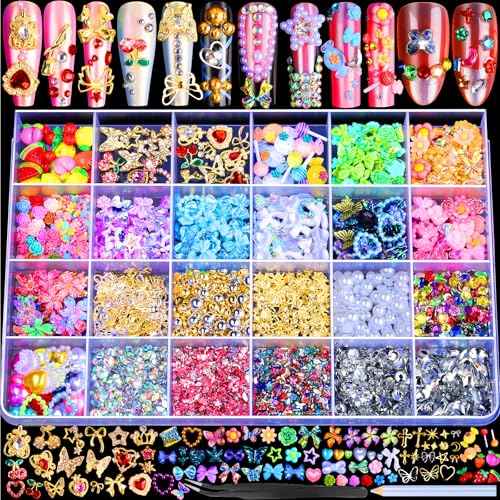 FANDAMEI Nail Charms and Gems, 24 Grids Nail Art Kit for Design, Y2K 3D Charms Rhinestone, Gold Metallic Nail Gems, Flatback AB Nail Rhinestones Gold Nail Pearls, 3D Fruits Flowers Nail Jewels