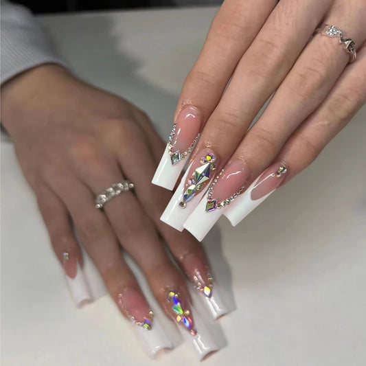 BABALAL Coffin Press on Nails Long Fake Nails White French Tip Glue on Nails Ballerina Rhinestone Acrylic Nails 24Pcs Long Bling Luxury Nails for Women and Girls