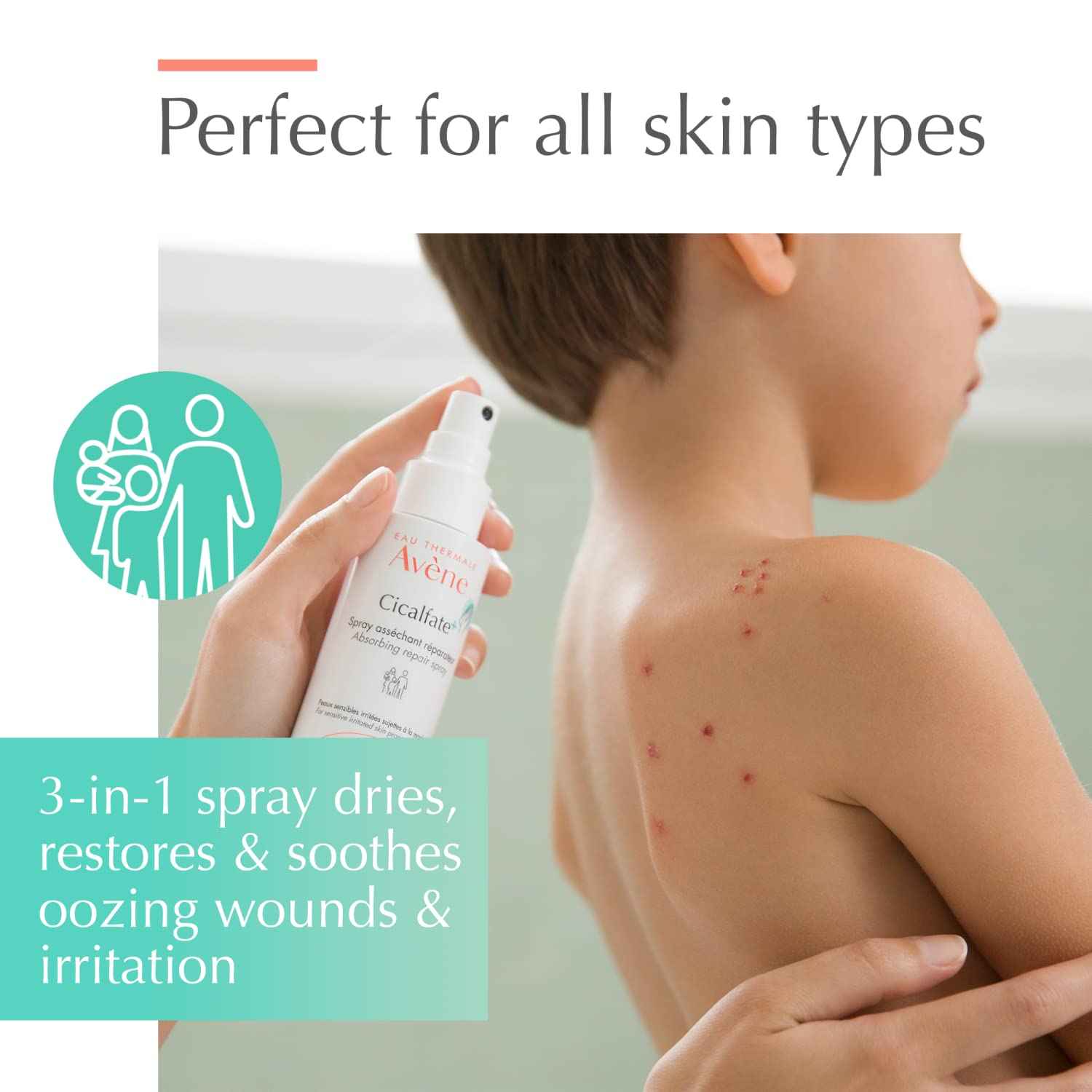Avène Cicalfate+ Absorbing Soothing Spray to dry and restore irritated, sensitive skin, helps restore skin barrier, safe for infants, children and adults