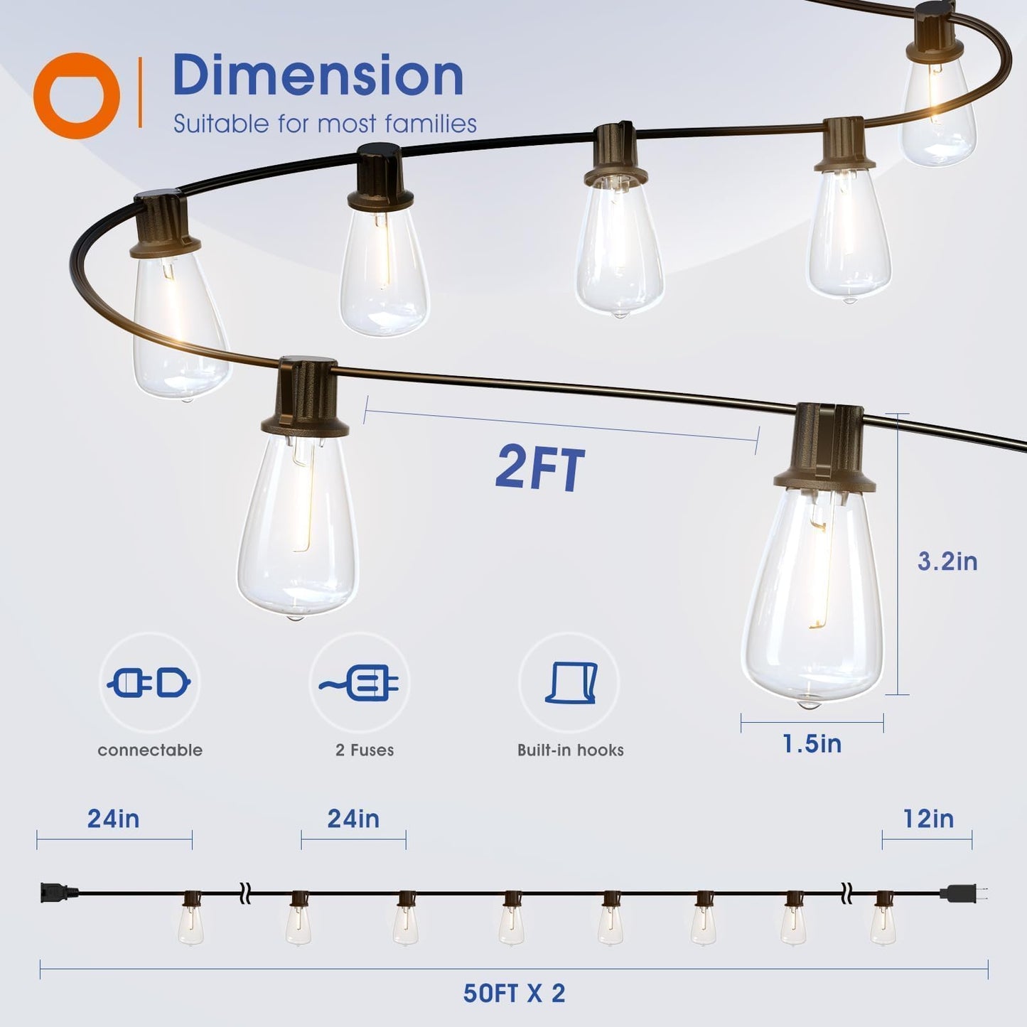 addlon 100FT(50FT*2) LED Outdoor String Lights Waterproof Patio Lights with 54 Shatterproof ST38 Replaceable Bulbs(4 Spare), Dimmable Outside Hanging Lights Connectable for Porch, Backyard, 2200K