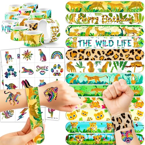 Cheetah Party Favors Bundle - 48 Tattoo Stickers & 24 Slap Bracelets