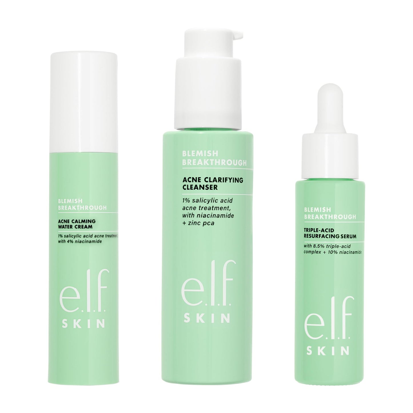 e.l.f. SKIN Blemish Breakthrough Routine, Includes Calming Water Cream, Clarifying Cleanser & Triple-Acid Resurfacing Serum, Vegan & Cruelty-Free