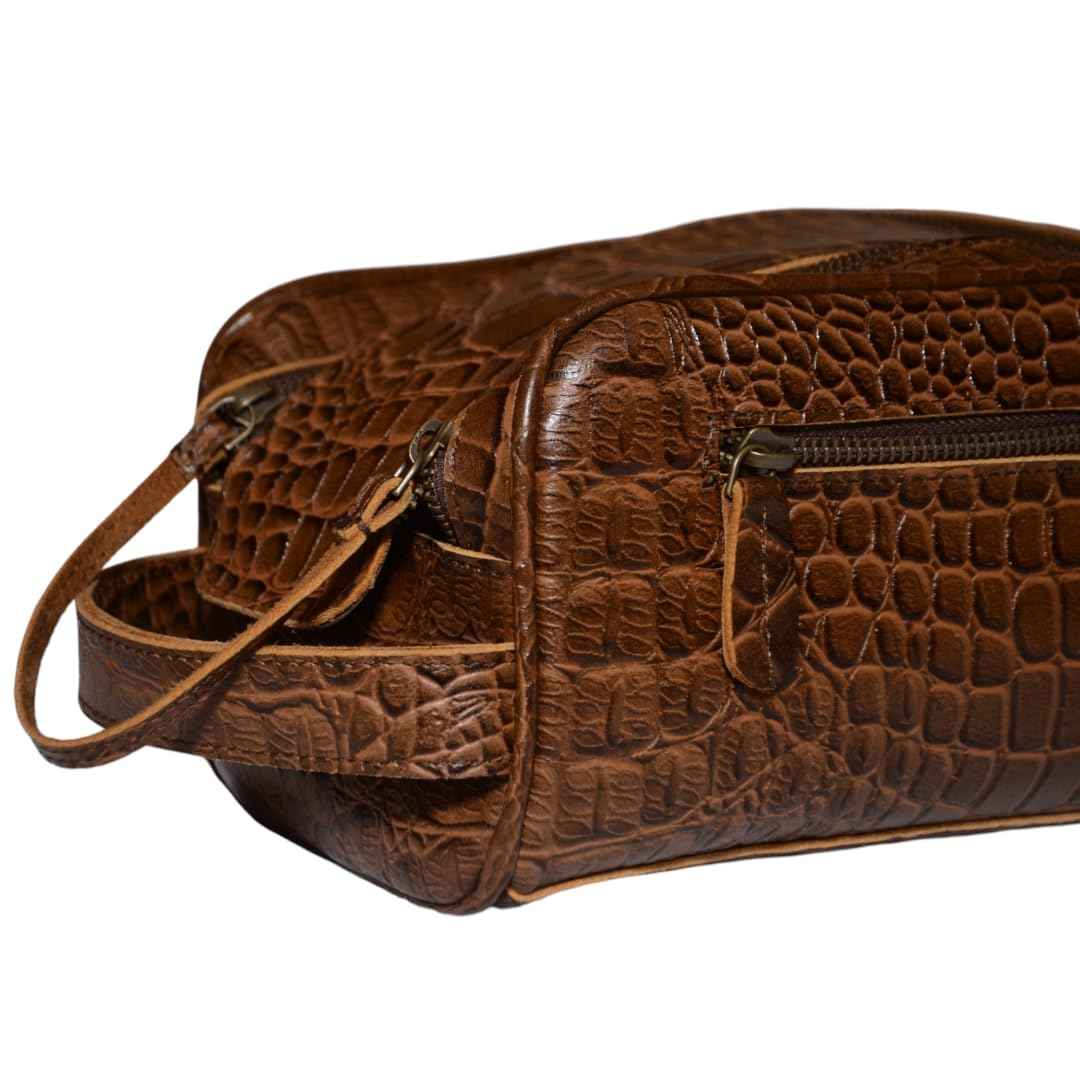 Premium Buffalo Leather Unisex Toiletry Bag Travel Kit (King Size )Shaving kit Accessories :Shaving Brush Case , Razor Protective Travel Case ( Combo of 4 Items) (Crocodile Print) (Croco Tan)